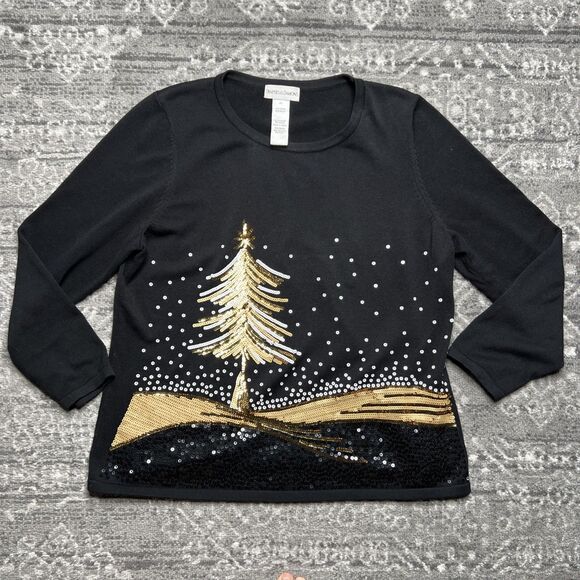 Drapers & Damons Sequined Christmas Tree Sweater Large Petite LP Black Gold - Picture 1 of 7